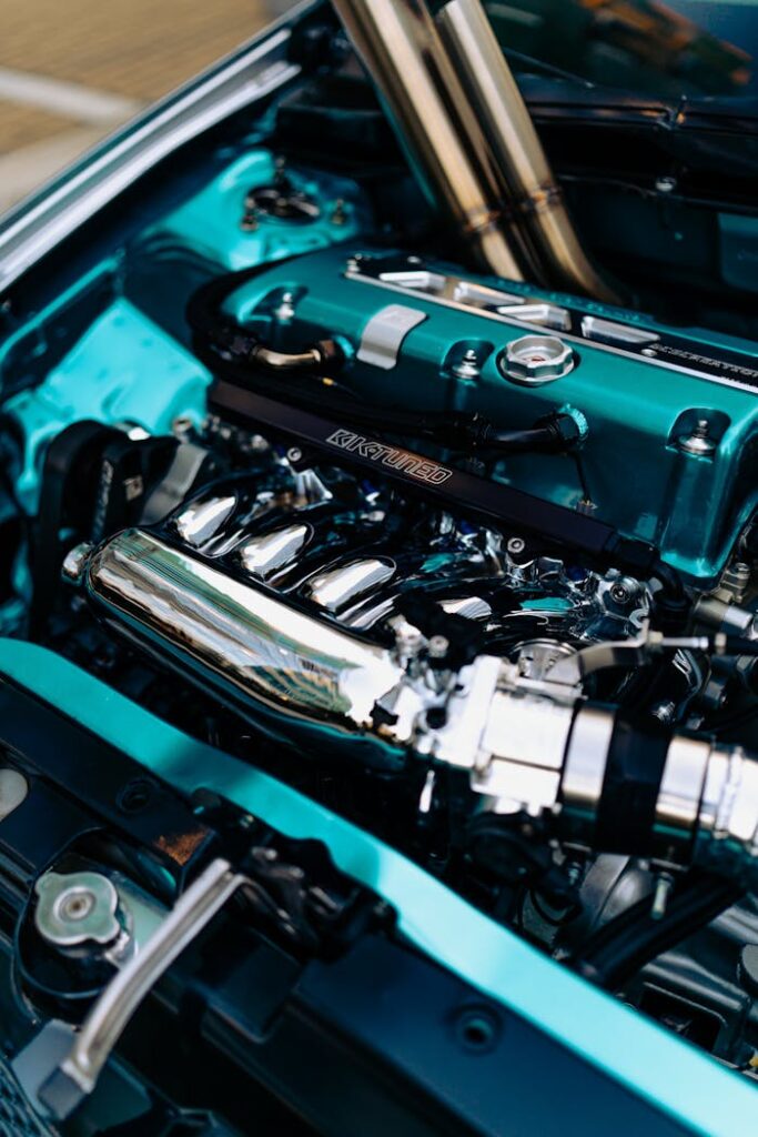 Detailed view of a modern engine showcasing metallic components and technology.
